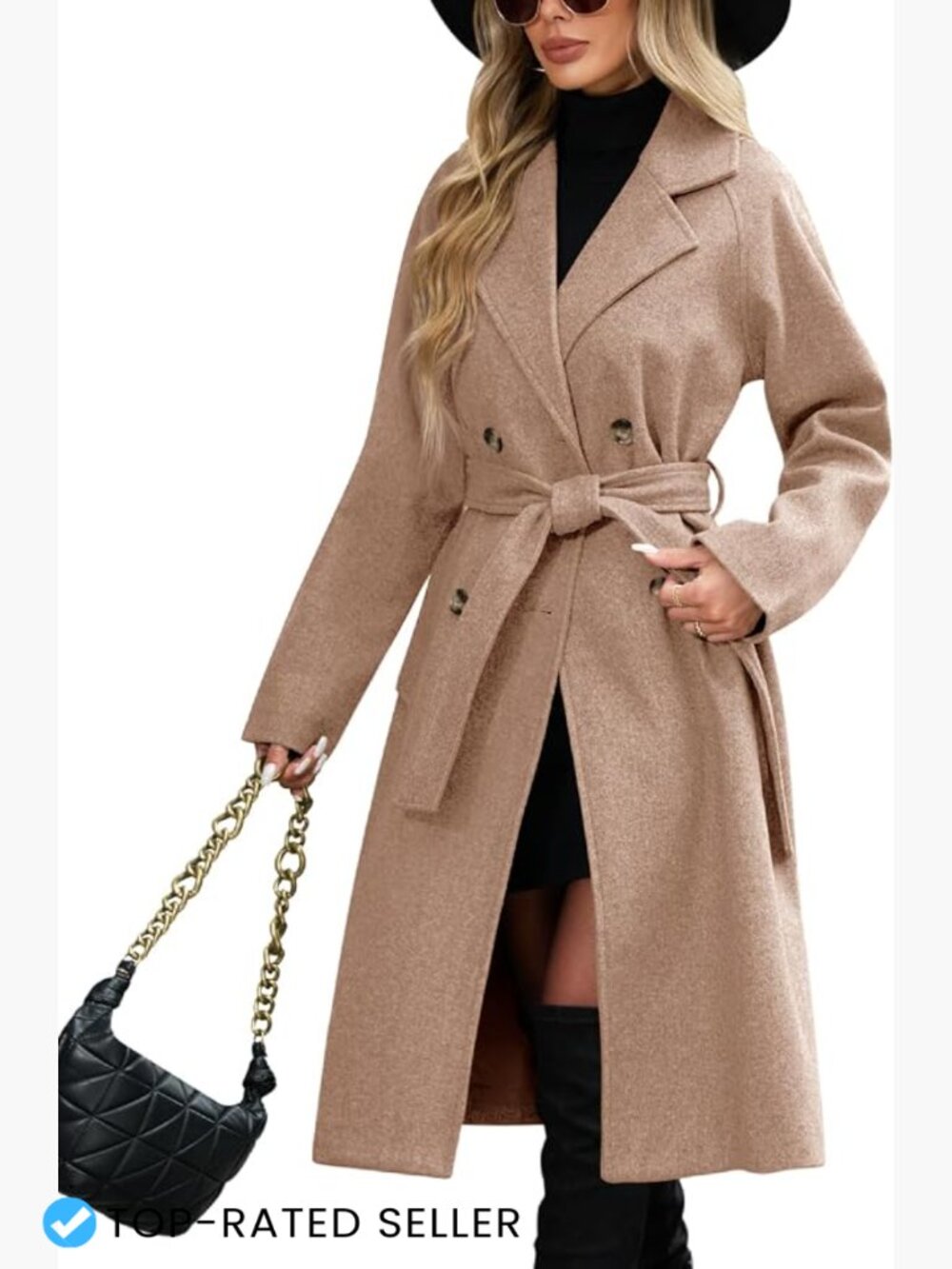 Elegant Double Breasted Pea Coat Notch Lapel Belted Knee Length Slim Fit Fall